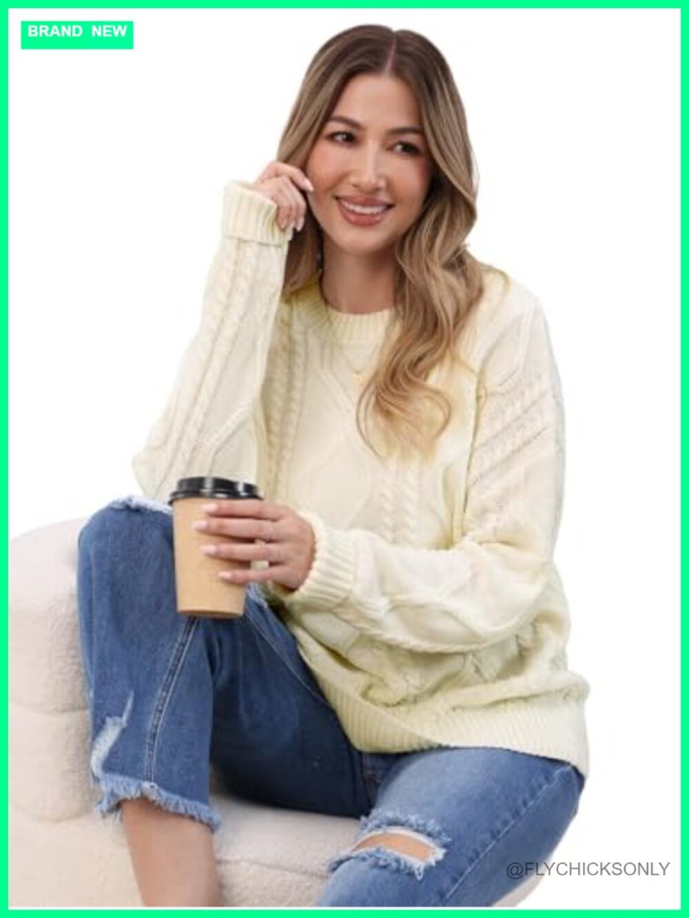Women's Oversized Cable Knit Chunky Pullover Sweater Crew Neck - Picture 2 of 6